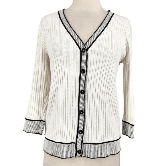 SALE Liz Claiborne Ribbed Button Front Cardigan Sweater w Contrasting Stripes - Picture 1 of 5